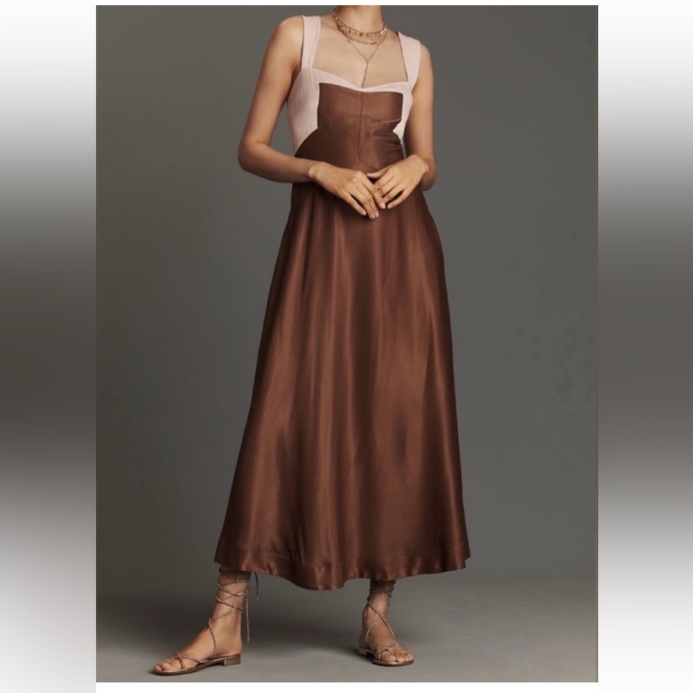 Anthropologie Chocolate Brown Satin Maxi Dress